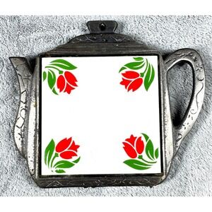 VTG Trivet Cast Iron Floral Teapot Tulip Tile‎ Cottagecore Kitchen Wall Hanging